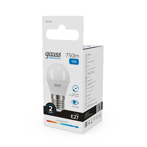 Лампа светодиодная Gauss Elementary, 10Вт, E27, 6500K, 750lm, Шар купить в СОМ